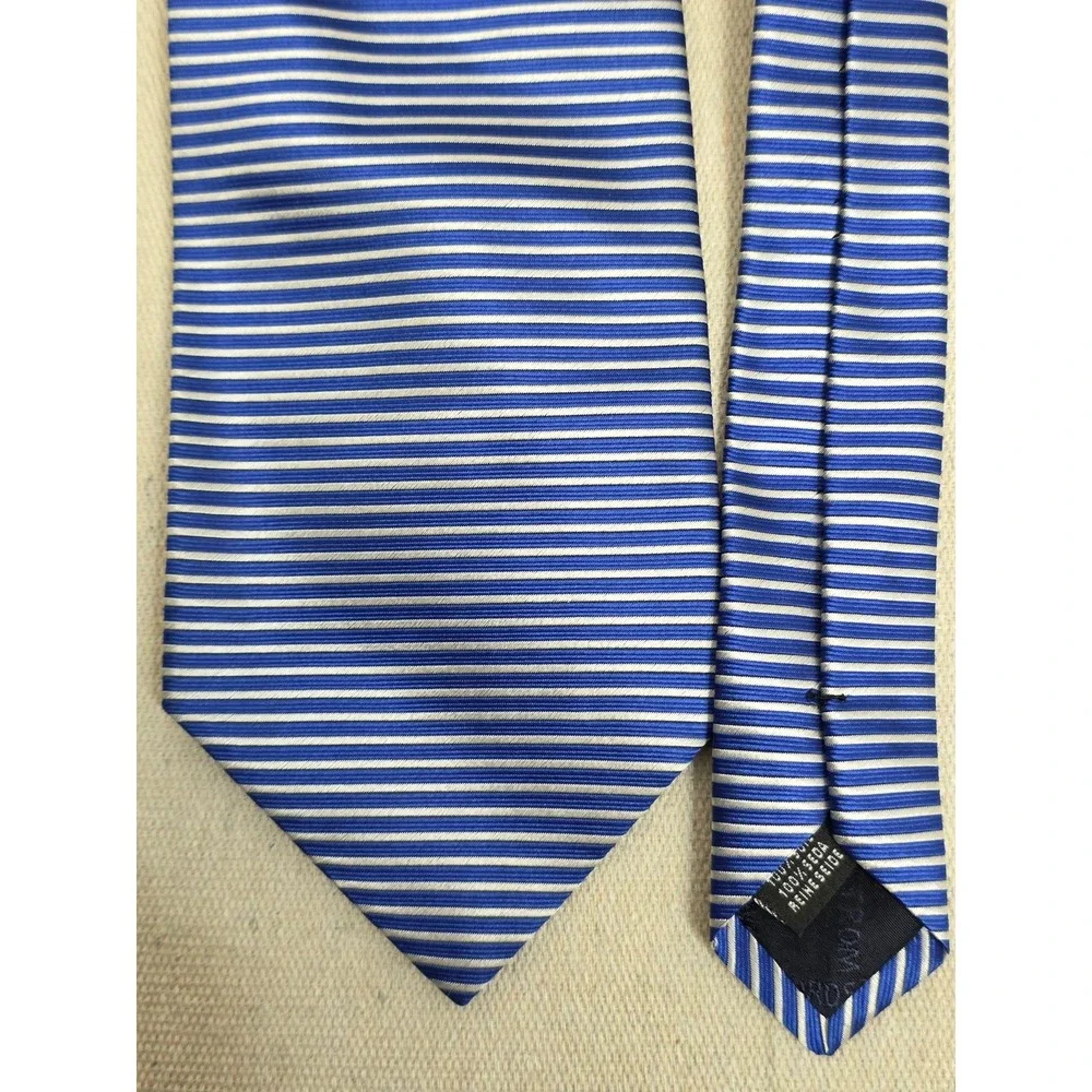 Nordstrom Mens Silk Tie Blue White Horizontal Striped‎ Hand Made in Italy